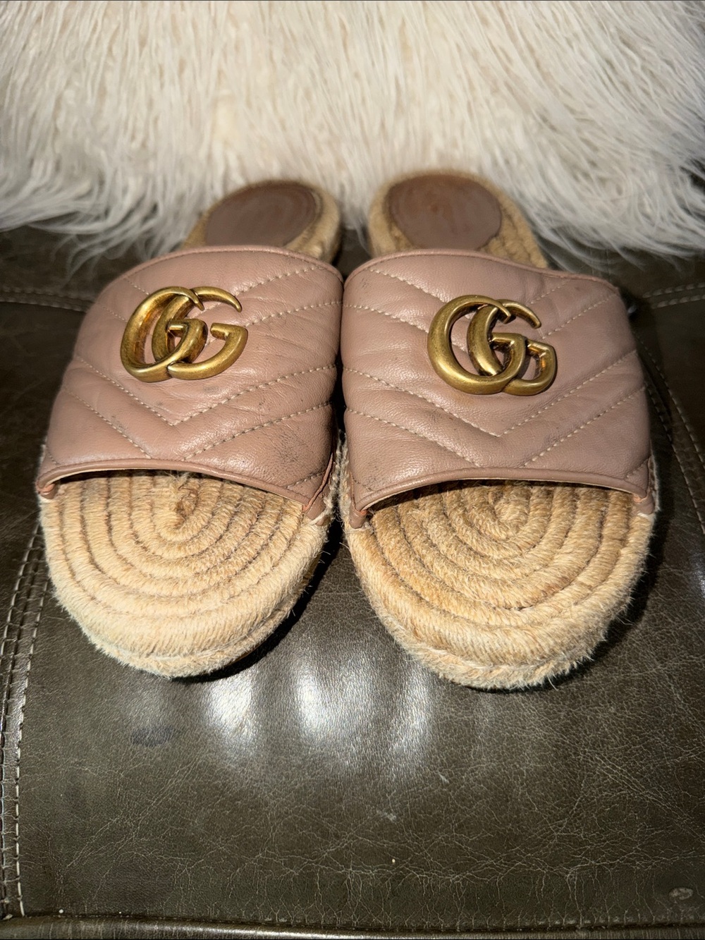 Gucci Blush Pink Leather GG Espadrille Slide Mules